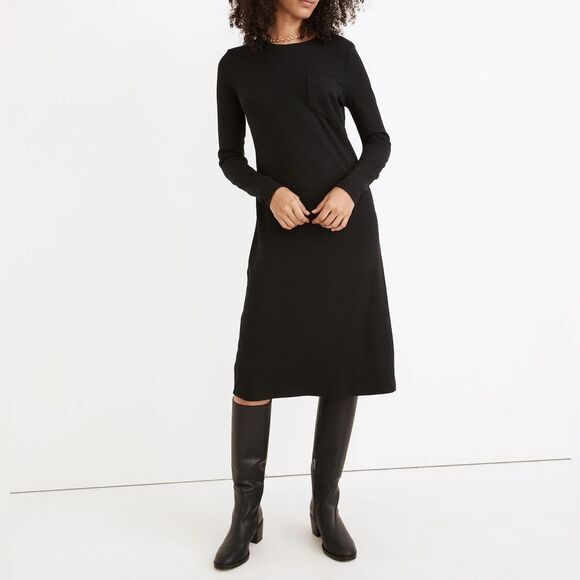 Madewell Pocket Tee Black Ribbed Long Sleeve Midi T-Shirt Dress size small - Picture 1 of 7